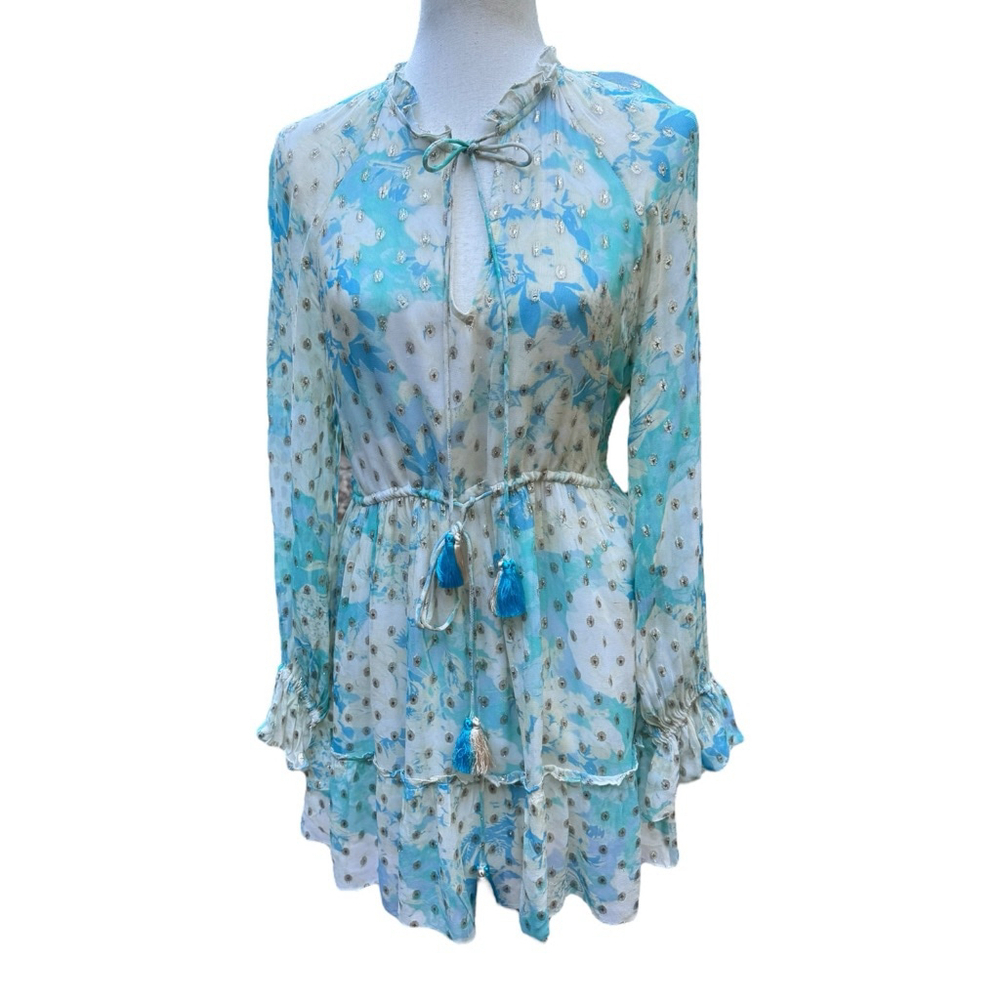 Hemant & Nandita Anthropologie turquoise floral dress M 8/10 boho glam tassel